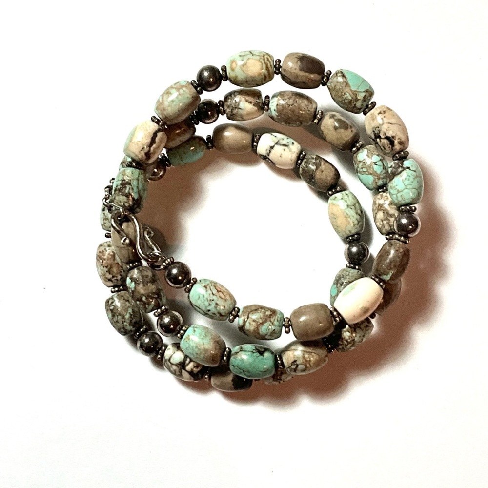 Buffalo Turquoise Sterling Silver Beaded Memory Wire Bracelet